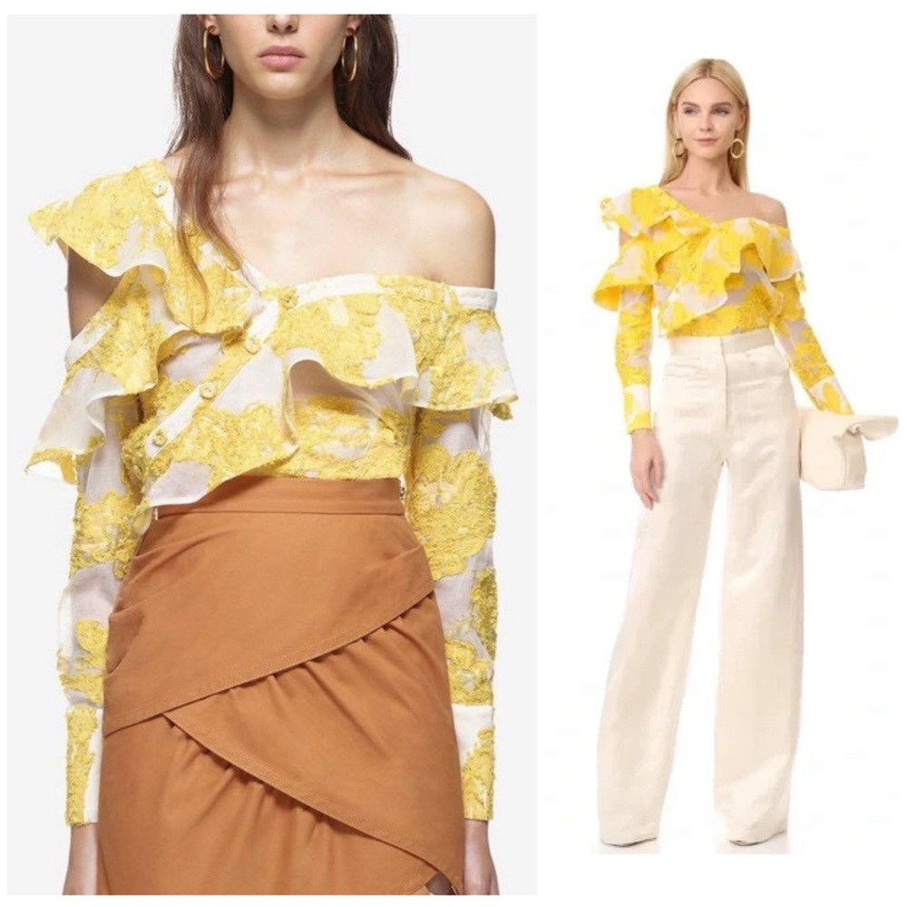 $460 Self-Portrait Embroidered Floral Fil Coupe Asymmetrical Ruffled Blouse